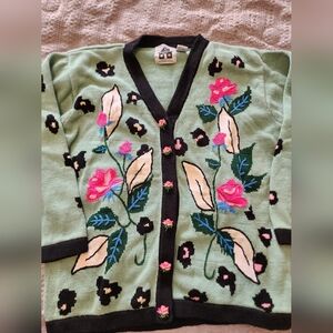 Vintage Green Floral Embroidered Cardigan Rose Button Cottagecore Sweater